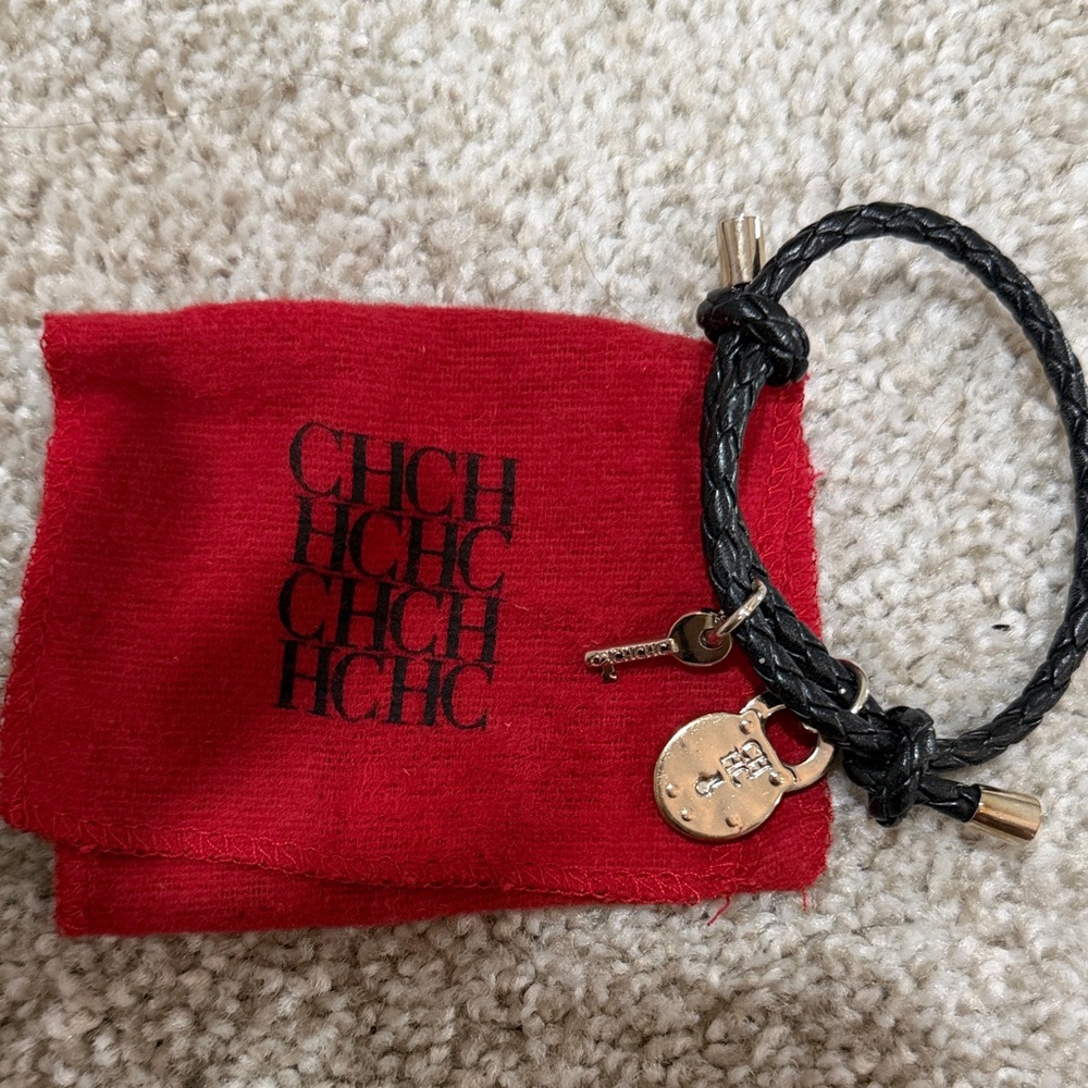 Carolina Herrera Black Braided Key & Card Holder with Gold Accents